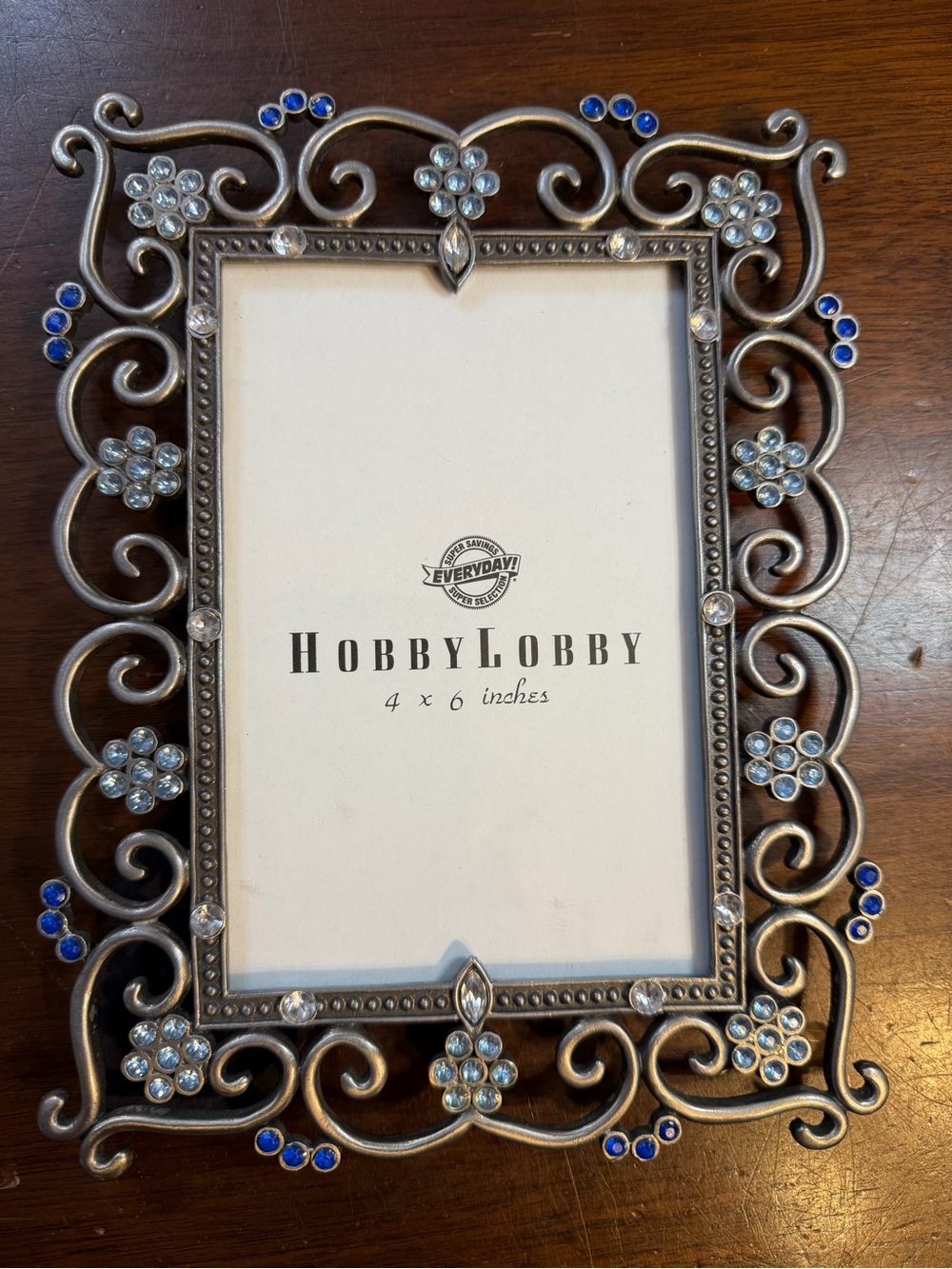 Hobby Lobby Silver Pewter Ornate 4x6 Frame with Blue and Clear Accents Heavy*